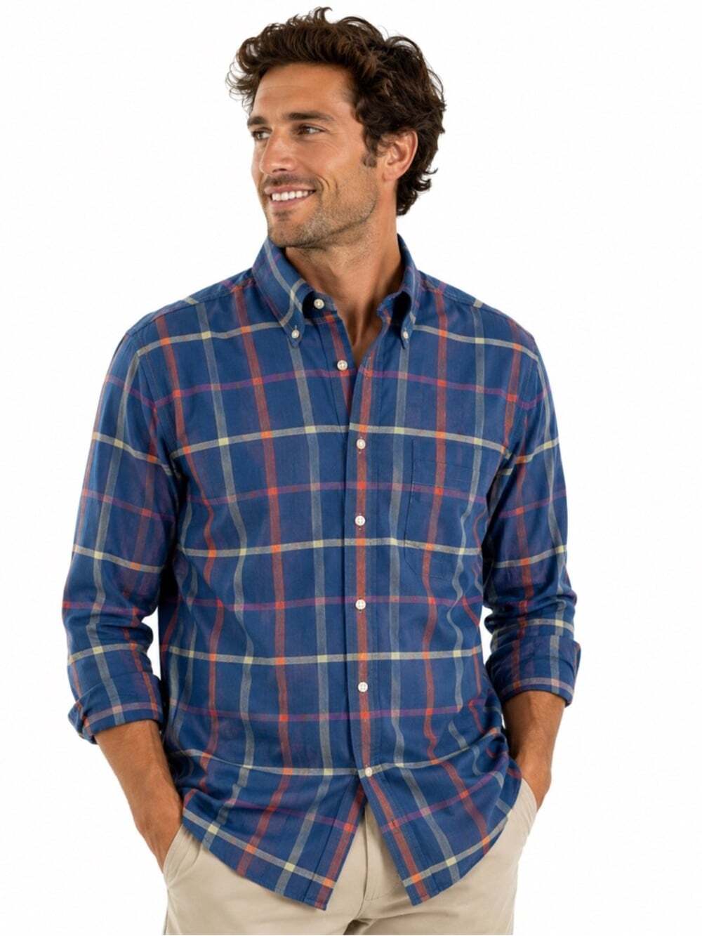 Bills Khakis Shirt Med Plaid Blue Long Sleeve Button Down Cotton Office Relaxed